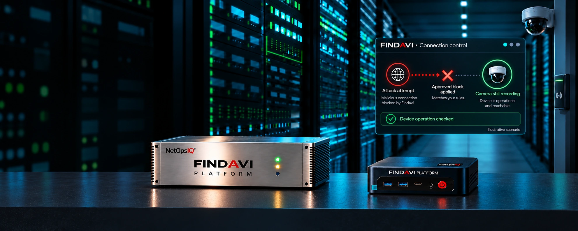 Illustrative Findavi software scenario: attack attempt, approved block applied, camera still recording, and device operation checked. Findavi appliances appear below.