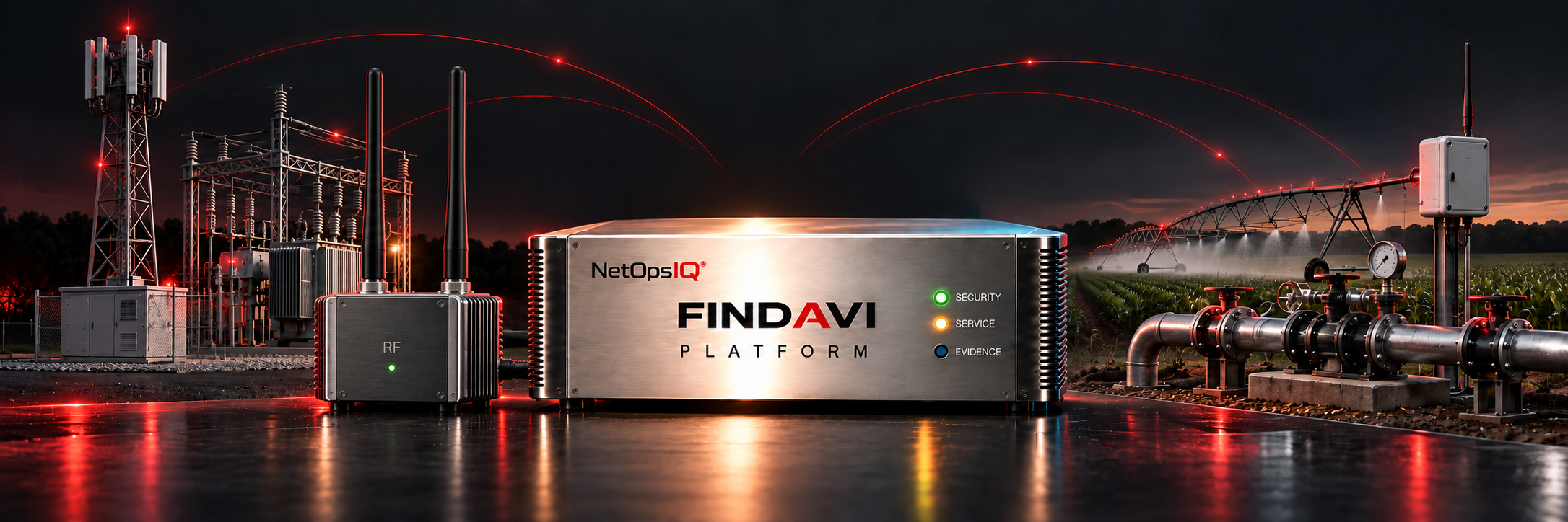 Findavi and its twin-antenna RF unit with a cellular tower, power substation and agricultural irrigation network.
