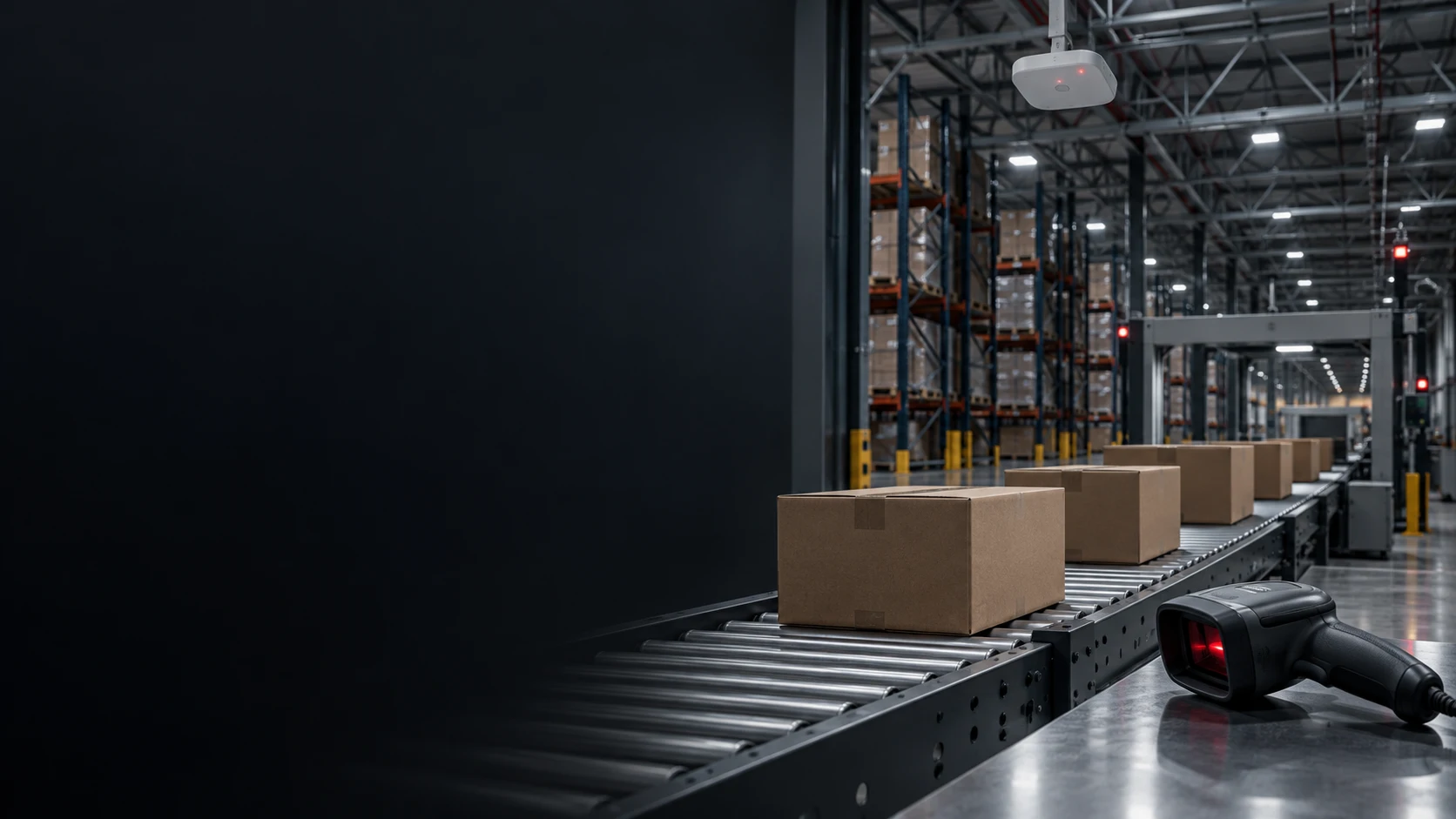Conceptual distribution-center scene with a scanner, conveyor, and connected equipment